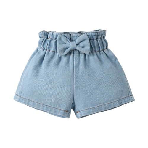 Kucnuzki Baby Girls Denim Shorts, Elastic Waistband, Bowknot, Summer Blue, 9-12 Months