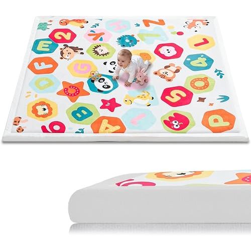 Baby Play Mat for Floor, 74'' x 50'' Thicken Foam Soft Padded Playmat for Tummy Time, Playpen Mat for Toddlers Infant Kids, Water-Repellent Coral Velvet, Non-Slip Bottom Safe for Crawling (Animal)