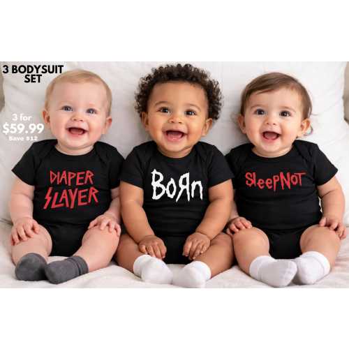 Metal Baby Bundle- 3 Black Baby Bodysuits Gift Set- Born/ Diaper Slayer/ Sleepnot
