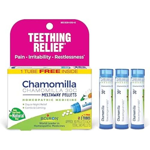 Boiron Chamomilla 30C Homeopathic Medicine for Teething Relief, Pain, Irritability, and Restlessness - 3 Count (240 Pellets)