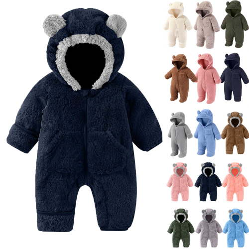Newborn Baby Fleece Footie Snowsuit Unisex Winter Warm Thicken Zip Up Hooded Outfits for Girls Boys