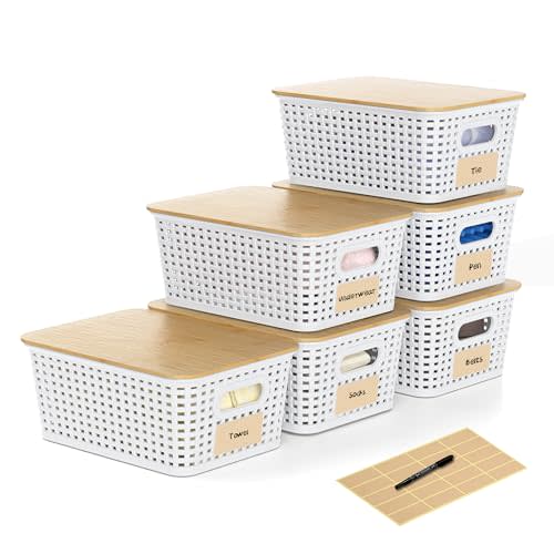 6 Pack Plastic Storage Baskets,White bamboo lid storage Box | Labels, Stackable, For Organizing Shelves Pantry Drawers Desktop Closets Organizing Desktop Closet Playroom Classroom