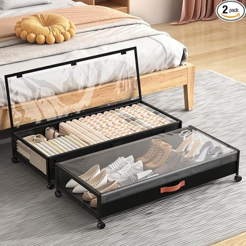 Under Bed Storage Containers with Wheels Large Underbed Shoes Blankets Clothes Toy Storage Drawers for College Dorms Bedrooms Nursery Rooms Organization (Black 2 Pack, 7.5in height(36"x16.6"x7.48"))
