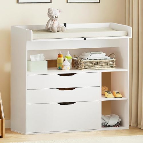 Pipleo Baby Changing Table Dresser with 3 Drawers and 3 Storage Shelves, Can be Used as a Baby Dresser with Changing Table Top, a Baby Changing Station, a Wood Diaper Changing Station (White)
