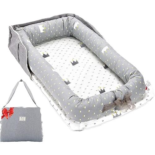 Loevin Baby Lounger for Newborn 0-24 Months, 100% Cotton Breathable Infant Lounger with Adjustable Size, Portable Baby Nest for Home & Travel Use, Newborn Essentials Gifts(Crown Grey)
