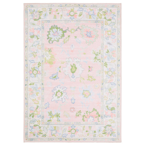 Bungalow Rose Kugler Traditional Bordered Floral Pink/ Green Printed Washable Flat Pile Area Rug | Wayfair