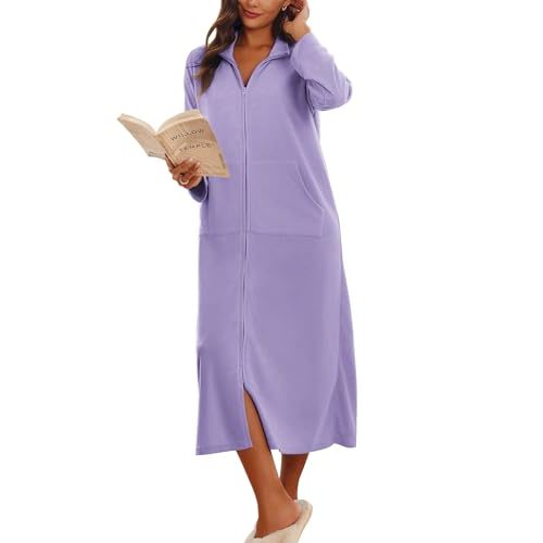 Ekouaer Women Zipper Robe Long Sleeves House Coat Soft Bathrobe Sleepwear with Pockets Housecoat Loungewear
