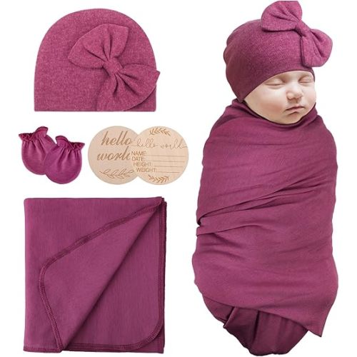 Newborn Receiving Blanket with Bow Hat Mittens Wooden Card Set Newborns Toddler Baby Boy Girl Nursery Swaddle Wrap