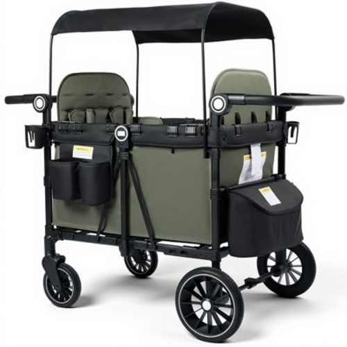 TODECARE 4-Seat Foldable Wagon Stroller with Harnesses, Adjustable Double Push Handle, Canopy, Snack Tray & Storage Bag, Green