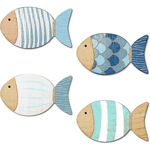 Putuo Decor 4 Pcs Wood Fish Wall Art, Nautical Beach Decor, Wooden Fish Hanging Sculptures, Blue (5.5 In)