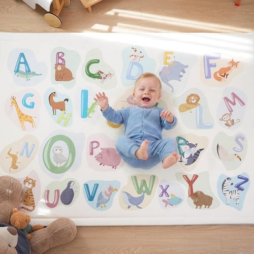 1.3" Thick Educational Baby Floor Play Mat 79x118, Basic Padded Memory Foam Kids Mat, Large Non-Slip Plush Playmat for Nursery Playroom Classroom (ABC Animal)
