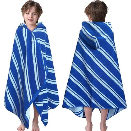 VOOVA & MOVAS Hooded Bath Towels for Kids (3-10Years,27.5"x55"),100% Cotton Absorbent Soft Towel Wrap for Toddler Boys,Perfect for Bathroom | Pool | Beach | Swimming, Jacquard Blue Stripe