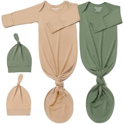 2Pk Newborn Knotted Gown Set, Soft Baby Sleep Sack & Hat, Boys Girls Clothes, Easy Diaper Change Baby Gift