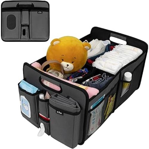 Baby Diaper Caddy Organizer – Baby Caddy with Diaper Changing Mat, Car Diaper Caddy with 3 Compartments, 8 Mesh Pockets & Zipper Pocket – Portable Changing table Organizer for Diapers, Grey