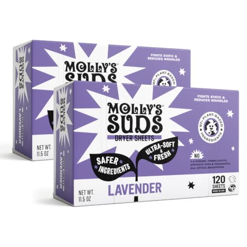 Molly's Suds Fabric Softener Dryer Sheets for Sensitive Skin | Plant-Based Static Reducer, Plastic-Free Packaging | Bundle of 2, Lavender (240 Sheets Total)