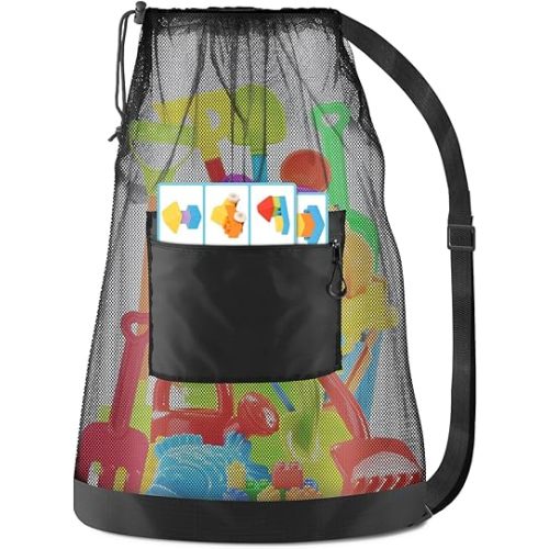 Large Mesh Beach Bag Drawstring Toys Bag, Swim Pool Toys Balls Storage Bags Gym backpack, Beach Toy Shells Organizer