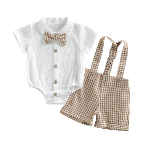 Nibbcoa Baby Boy Clothes Set Infant Bow Tie Button Down Shirt Bodysuit Top Striped/Plaid Shorts 2Pcs Summer Outfit