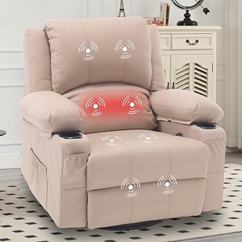 Massage Swivel Rocker Recliner with Lumbar Heat, Oversized Comfy Recliners for Living Room, Modern Single Sofa Rocking Chairs for Adults, Manual Rocker Recliner with Two Cup Holders, Beige