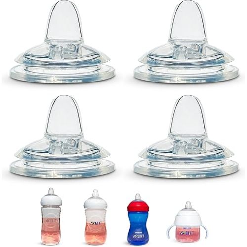 Sippy Spout Nipples for Philips Avent Natural Baby Bottles, My Grippy Spout Sippy Cup and Natural Trainer Sippy Cup, 4-Count, Soft Spout, Food Grade Silicone, BPA-Free, Convert to Sippy Cup, 4+ months