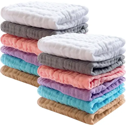 SWEET DOLPHIN 12 Pack Baby Muslin Washcloths - Soft Face Cloths for Newborn, Absorbent Bath Wash Cloths, Wipes, Burp Rag - Toddlers Essentials Stuff, Baby Registry as Shower -10"x10", Multicolor