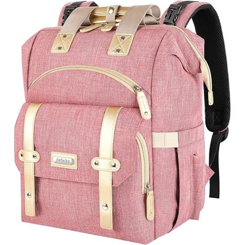 Jiefeike Diaper Bag Backpack, Pink Baby Girls Diaper Bag for Mom, Travel Baby Bags Backpack for Women, Insulated Pockets Portable toddler diaper bag, RFID Anti-Theft Pocket