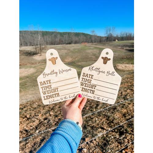 Personalized Cow Tag Birth Stat Sign