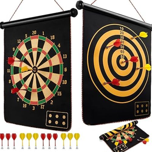 BATURU Magnetic Dart Board for Kids, Teens, Adults, Double-Sided Roll-Up Dart Board Games for Kids Age 3-18 with 12 Strong Magnetic Darts, Indoor Outdoor Boys Toys for Backyard, Gifts for Teen Boys