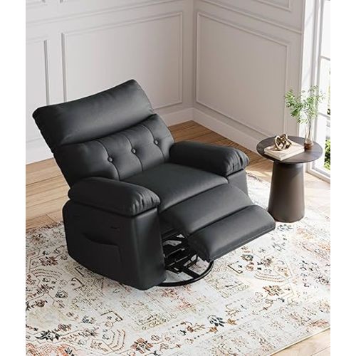 GarveeHome Oversized Rocker Swivel Recliner Chair - PU Leather Extra Wide Manual Recliner for Adults, Large Lazy Chair with 1.5X Sponge Comfort Arm and Back for Living Room, Bedroom
