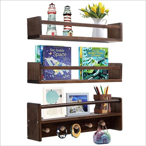 AZSKY 24 Inch Book Shelves for Nursery Floating Bookshelf Wall Mount Deep Walnut Shelves for Room Wall Hooks for Hanging Nursery Shelf for Kids Room Bedroom Bathroom Living Room Kitchen Set of 3