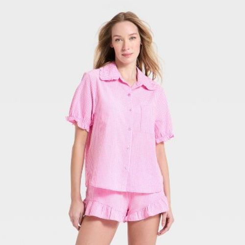 Women's Mommy & Me Ruffle Short Sleeve Notch Collar Shirt and Shorts Pajama Set - Auden™ Pink M