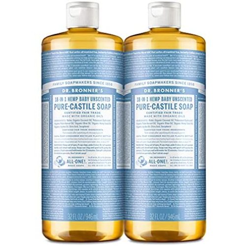 Dr. Bronner’s - Pure-Castile Liquid Soap (Baby Unscented, 32 ounce, 2-Pack) - Made with Organic Oils, 18-in-1 Uses: Face, Hair, Laundry and Dishes, For Sensitive Skin and Babies, No Added Fragrance