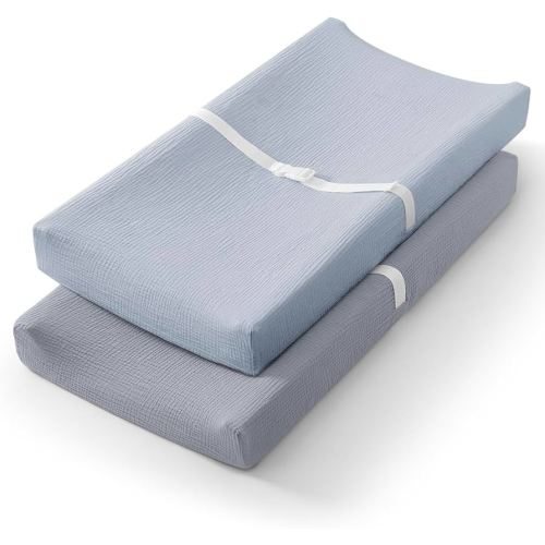 Blissful Diary Muslin Changing Pad Cover for Girls Boys, Ultra Soft Breathable Cotton, Baby Diaper Change Table Pad Covers, 2Pack (Light Blue&Grey)