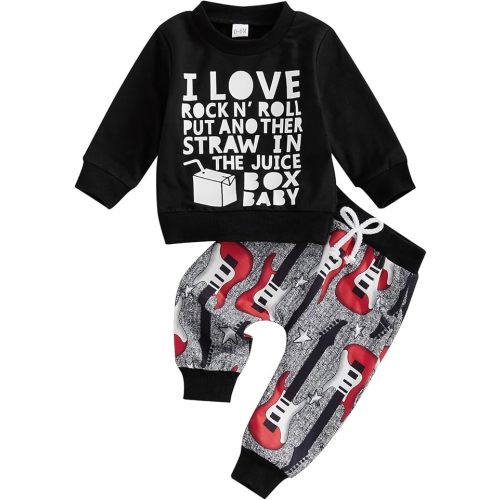 Karuedoo Toddler Baby Boy Clothes Letter Print Long Sleeve Sweatshirt Top Guitar Pants Set 2Pcs Fall Winter Outfit