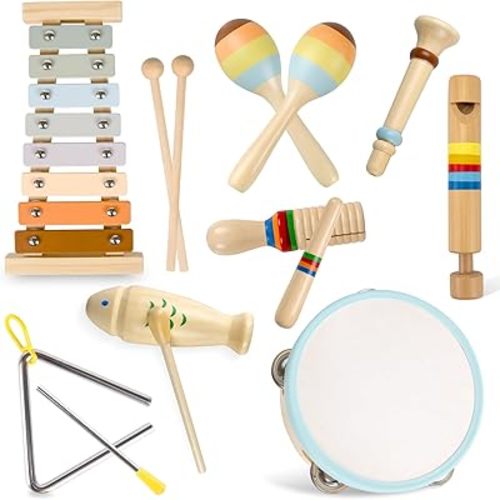 Baby Musical Instruments-Montessori Wooden Toys for Toddlers 3+ Neutral Colors Percussion Instruments Set with Modern Boho Xylophone for Kids Preschool Educational, Comes with Storage Bag