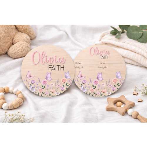 Personalized Baby Birth Announcement Sign | Butterfly Floral Nursery Name Sign | Custom Newborn Stats Plaque | BTS103
