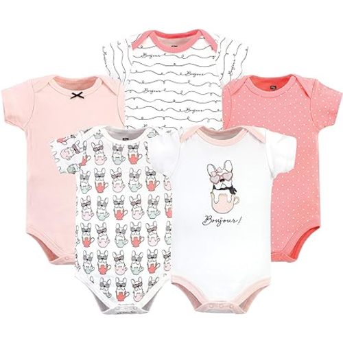 Hudson Baby Unisex Cotton Bodysuits, Bonjour Pink, 6-9 Months