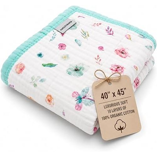 Organic Cotton Muslin Baby Blanket for Boys and Girls - Luxurious Soft Toddler Quilt for Swaddling - Gender Neutral Blanket - Baby and Toddler Gift - Pastel Floral