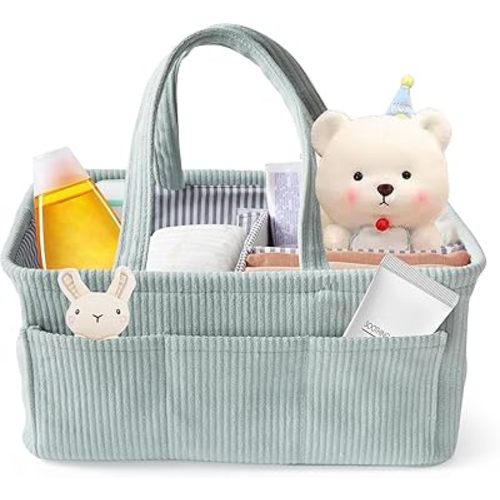 Baby Nappy Caddy, Nappy Organiser, Nursery Corduroy Storage Basket, Baby Shower Basket, Portable Car Organizer with Removable Inserts (Mint-Corduroy)