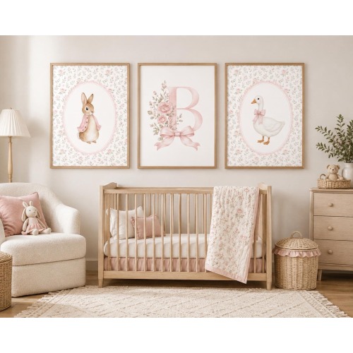 Storybook Nursery Wall Art Set | Personalized Monogram Name Print | Bunny Rabbit & Goose Nursery Decor | Pink Floral Cottage Nursery Prints
