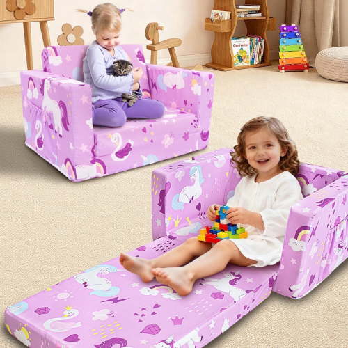 Free Shipping! Beavtaens Toddler Sofa, 2-in-1 Unicorn Flip Open Toddler Couch with Side Pocket for Ages 18 Months+