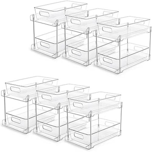 Vtopmart 6 Pack Bathroom Organizer, 2 Tier Clear Under Sink Organizers Vanity Countertop Storage Container,Cabinet Drawers Bins, Pull-Out Organization with Track for Pantry, Kitchen