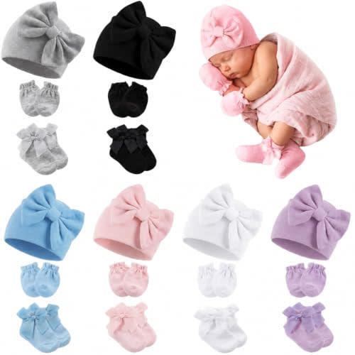 6 Pack Baby Girl Hats Mittens and Socks Set, Cotton Bow Beanies, No Scratch Infant Mittens, Stay-On Preemie Hospital Hat, NICU Newborn Gifts & Essentials (0-6 Months)