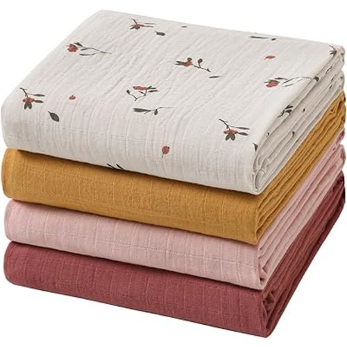 Muslin Swaddle Blankets for Boys & Girls, Newborn Receiving Blankets, 4 Pack Soft Breathable Baby Swaddles, Large 47x47 Inches, Red Berries & Earthy Colors