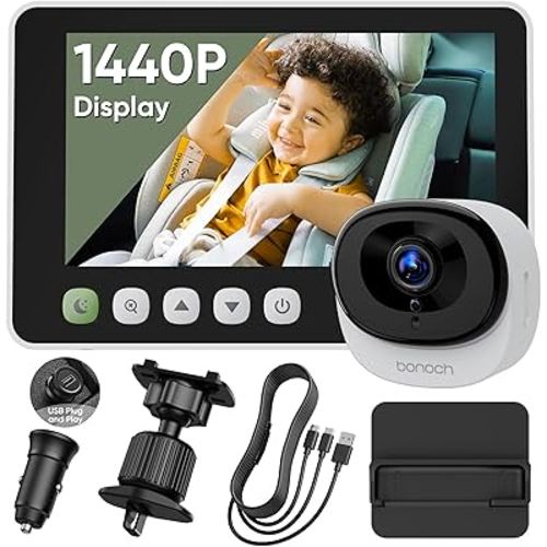bonoch 5" 1440P Baby Car Camera, Clearest Monitor, 360° Rotating Wide View | Backseat Rear-Facing Mirror for Baby, USB Powered with Charger, Easy Setup, Night Vision, Plug&Play Safe Driving Car Monitor