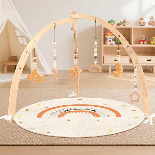 Baby Play Gym & Activity Mat, 6 Detachable Sensory Toys, Easy-Fold Wooden Tummy Time Mat for Infants & Toddlers, Baby Gift