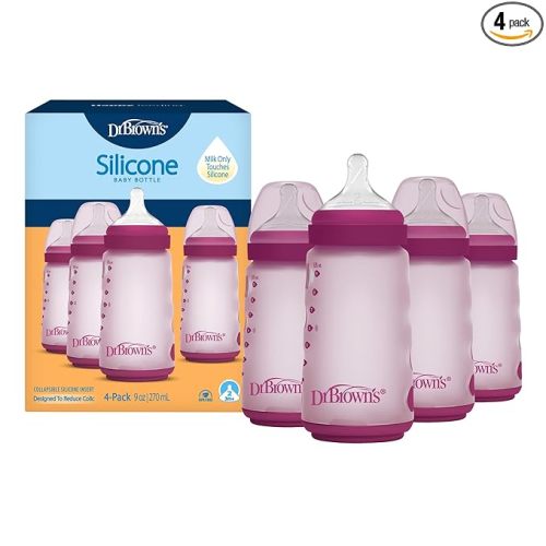 Dr. Brown's Silicone Baby Bottle with Collapsible Insert Designed to Reduce Colic, 9 oz with Wide-Neck Level 2 Medium Flow Nipple, BPA-Free, 3m+, Pink, 4-Pack
