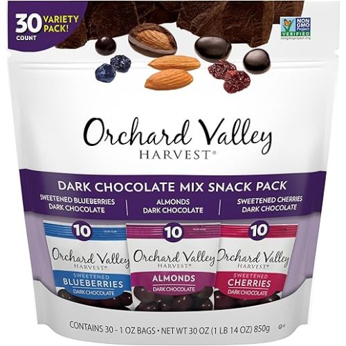 Orchard Valley Harvest Dark Chocolate Snack Pack, (30 Count Variety Pack), 1oz Bags - Dark Chocolate Almonds, Dark Chocolate Cherries, Dark Chocolate Blueberries, Gluten Free with No Preservatives