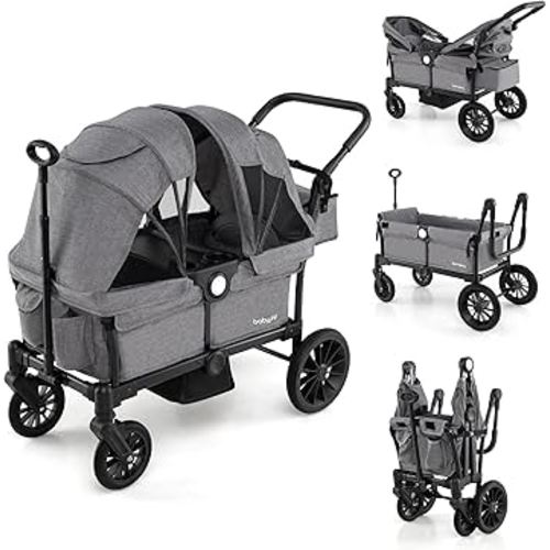 BABY JOY Wagon Stroller for 2 Kids, Collapsible Push Pull Double Stroller Wagon with Adjustable Handle Bar, Removable Canopy, Safety Harness, Cup Holder, Snack Tray & Storage Bag (Gray)