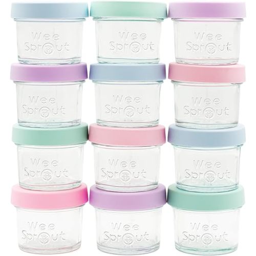 WeeSprout Glass Baby Food Storage Jars w/Lids (4 oz, 12 Pack Set) Snack, Puree, Reusable Small Containers, Breast Milk, Fridge or Freezer, Microwave & Dishwasher Safe, Essential Must Have for Infants