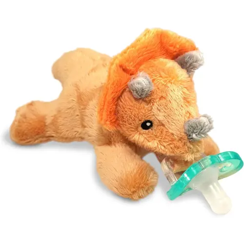 RaZbaby RaZbuddy Stuffed Animal Pacifier Holder for Newborns & Up, Made in the USA, Detachable Orthodontic JollyPop Pacifier, Medical-Grade 100% BPA-Free Silicone, Baby Shower, 0 Months+ (Triceratops)